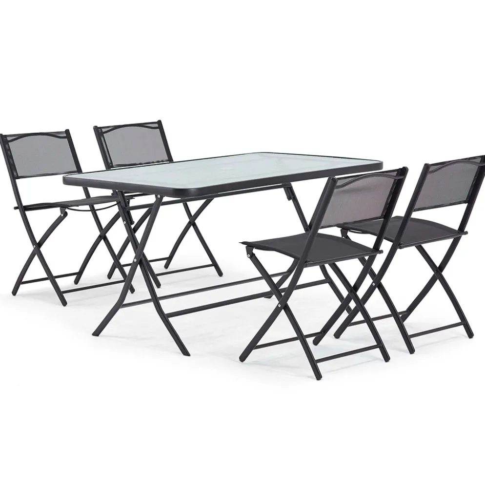 Ensemble table de jardin et 4 chaises pliantes en acier noir et verre trempé 130x80cm - Bravi