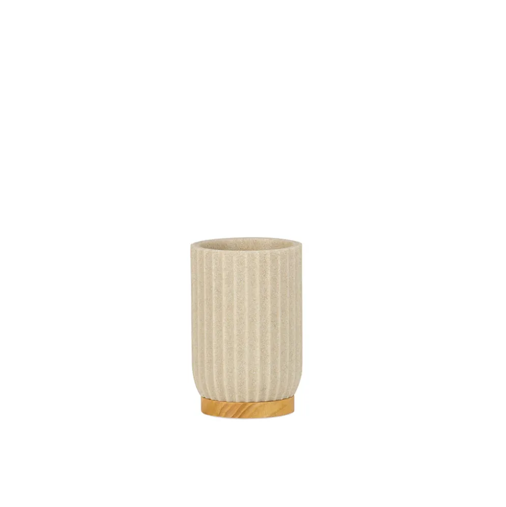 Gobelet salle de bain en bois et beige
