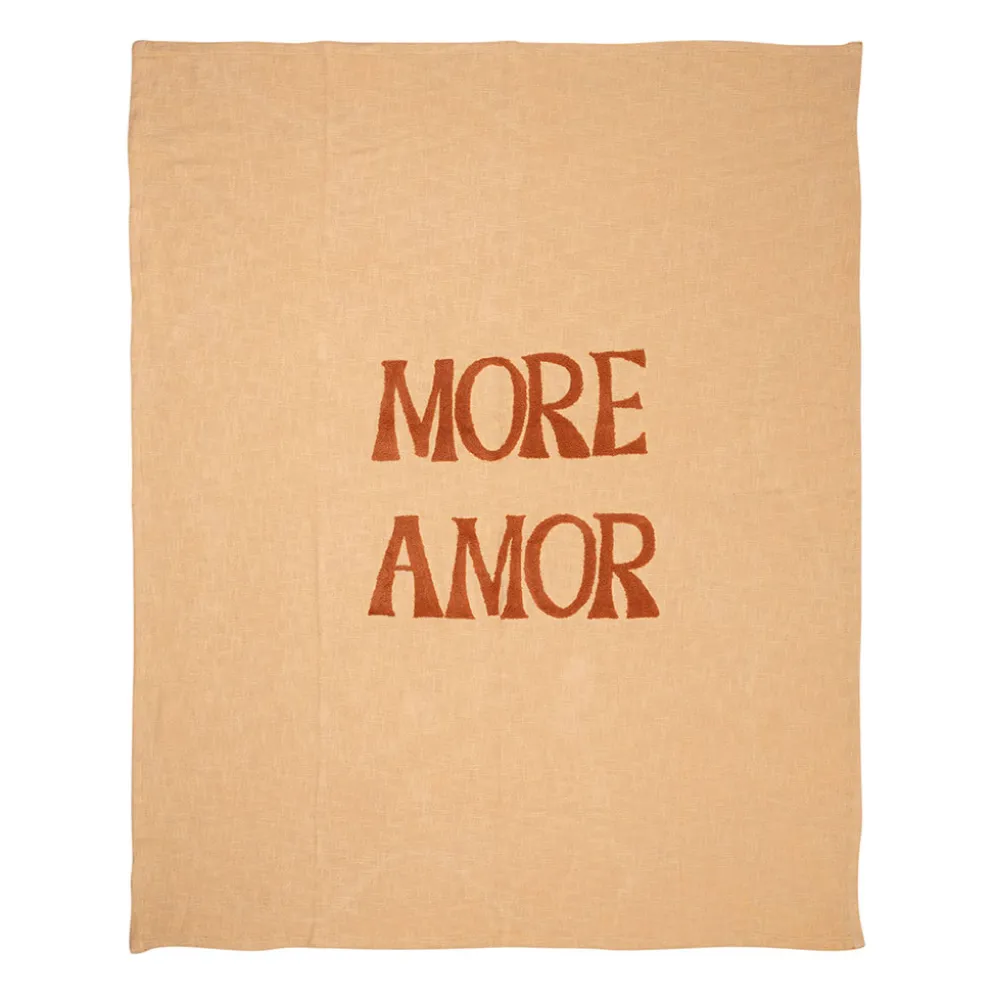 Plaid brodé "more amore" en coton corail 170x130cm - Lumi