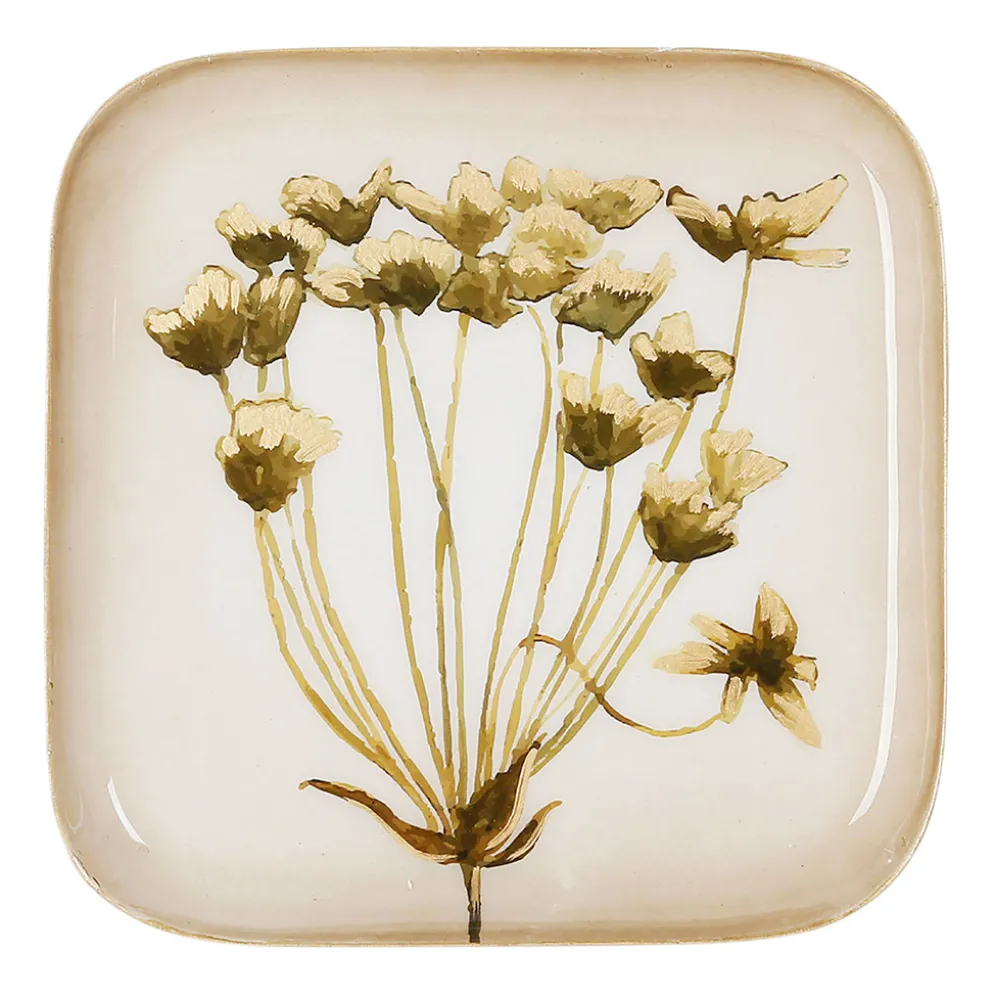 Plateau carré kaki et doré 16x16cm en fer - fleur classic